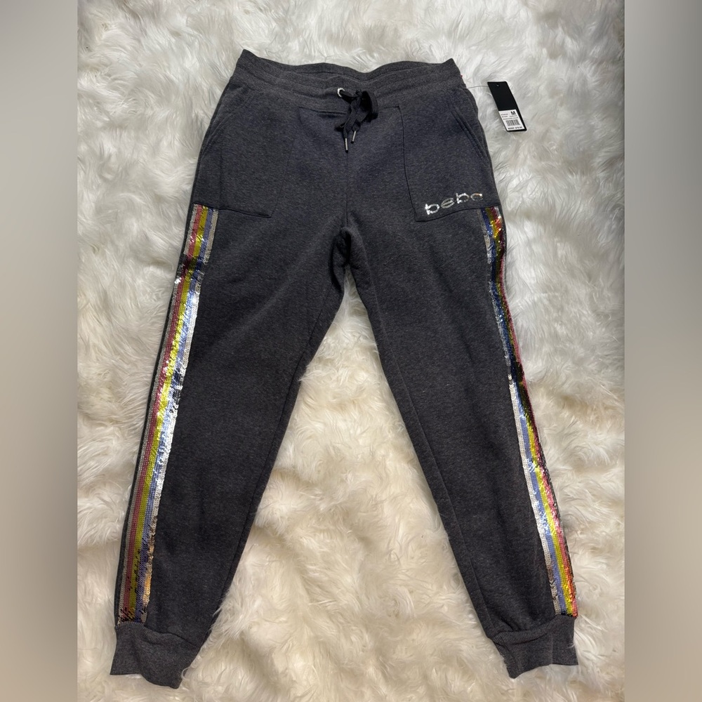 Bebe women’s  Gray Joggers with Rainbow Sequin Stripes